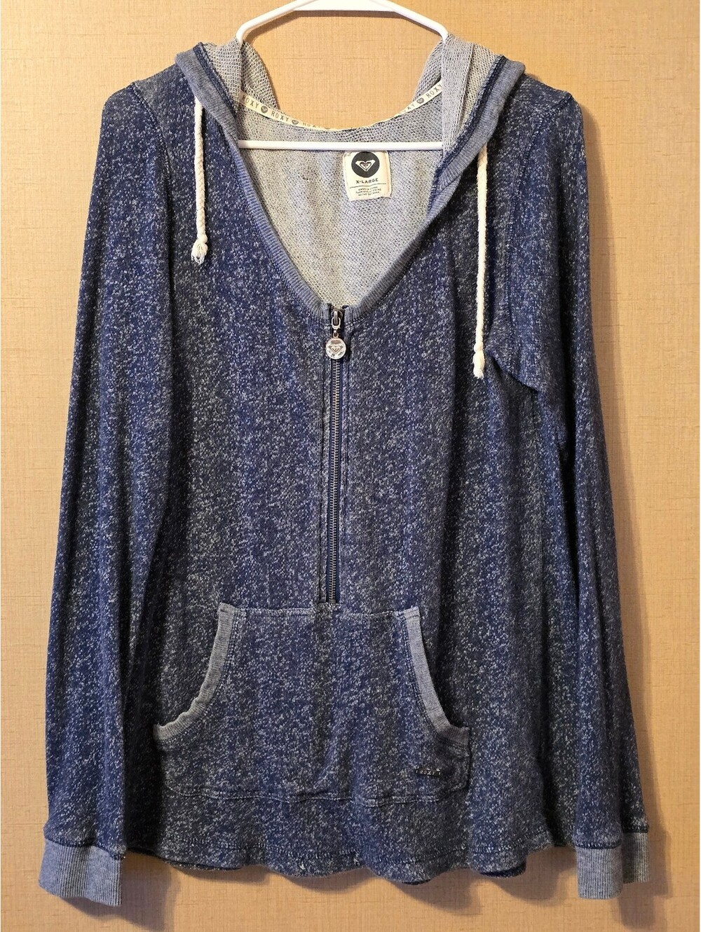 Roxy Blue Marled Knit Deep V-Neck Half Zip Hoodie Women's Size XL Beach Surf